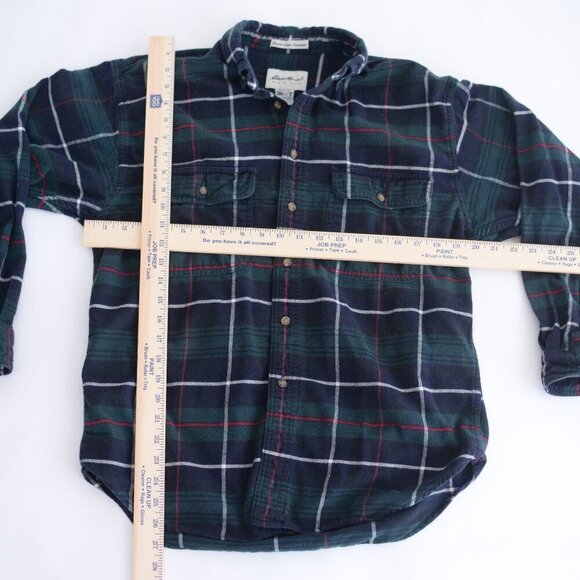 Vintage Eddie Bauer Green Navy Tartan Pattern Bainbridge Flannel Button Up Shirt - Picture 3 of 11
